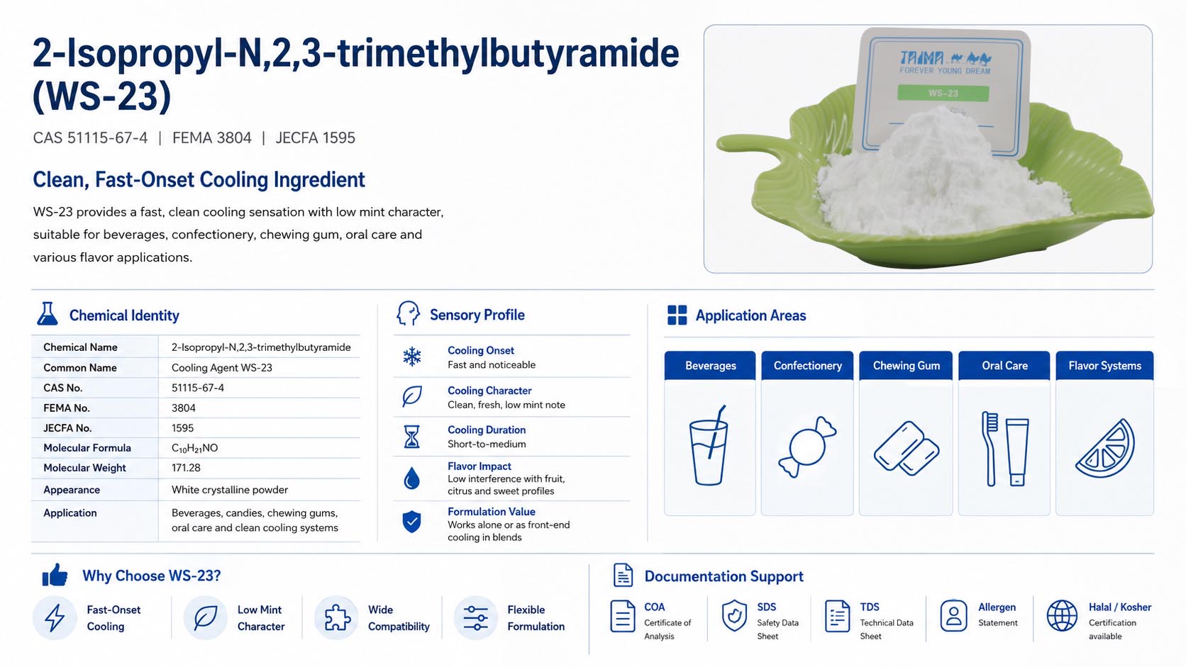 2-Isopropyl-N,2,3-trimethylbutyramide WS-23 cooling agent for beverages, confectionery, chewing gum and oral care applications