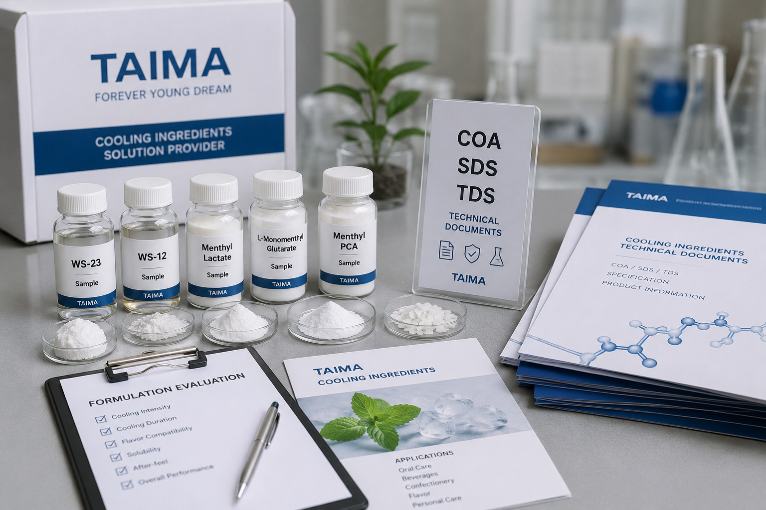 Cooling agent samples and technical documents for formulation evaluation