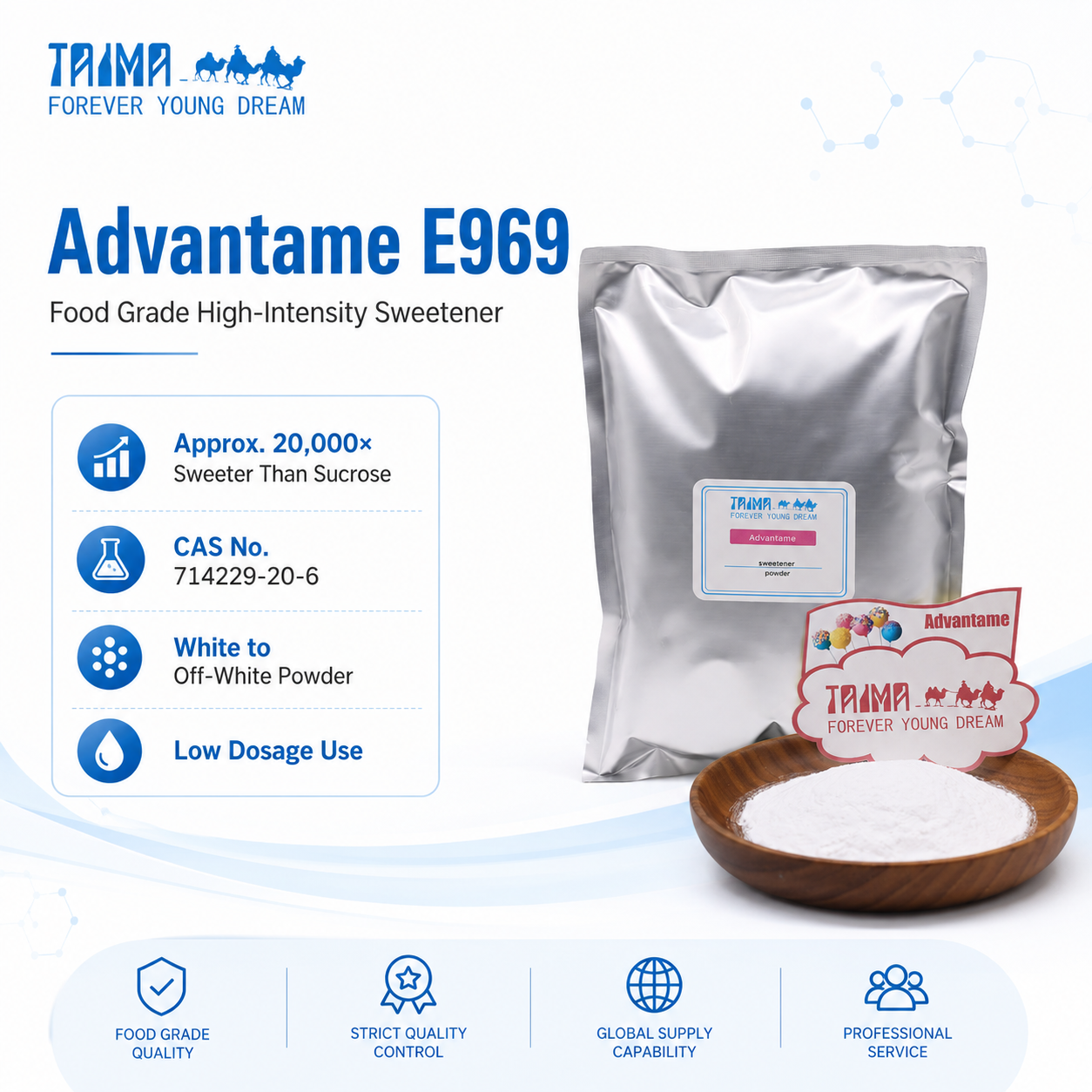 Advantame E969 food grade high-intensity sweetener powder with TAIMA packaging, CAS No. 714229-20-6