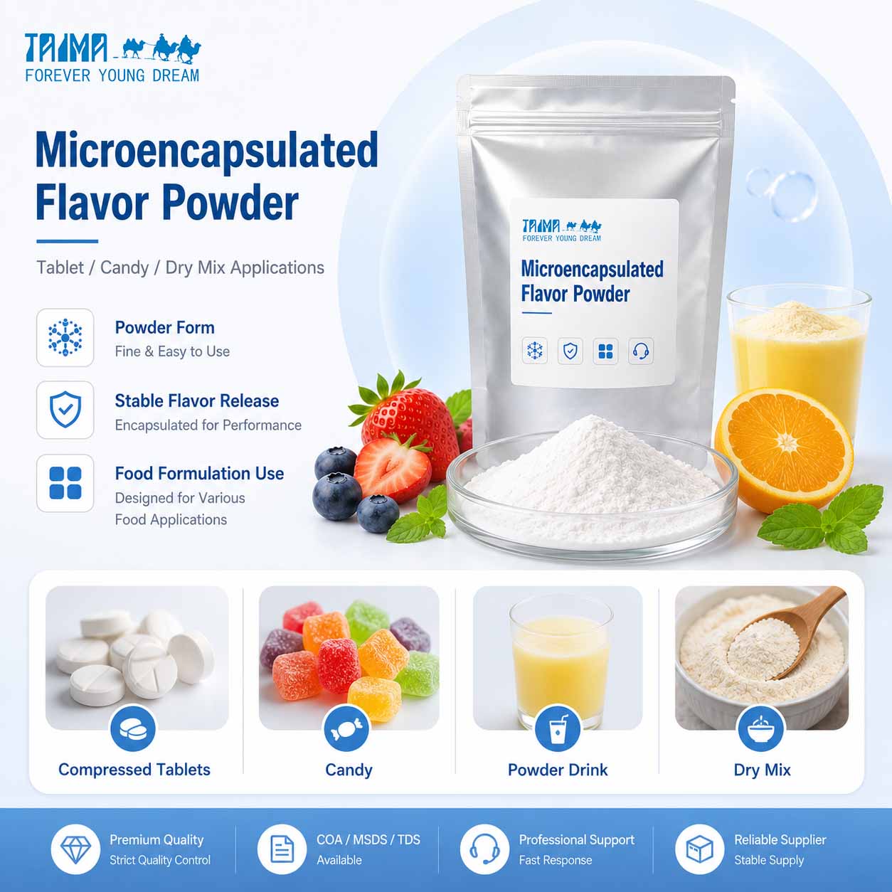 Microencapsulated flavor powder for tablet candy powder drink and dry mix applications